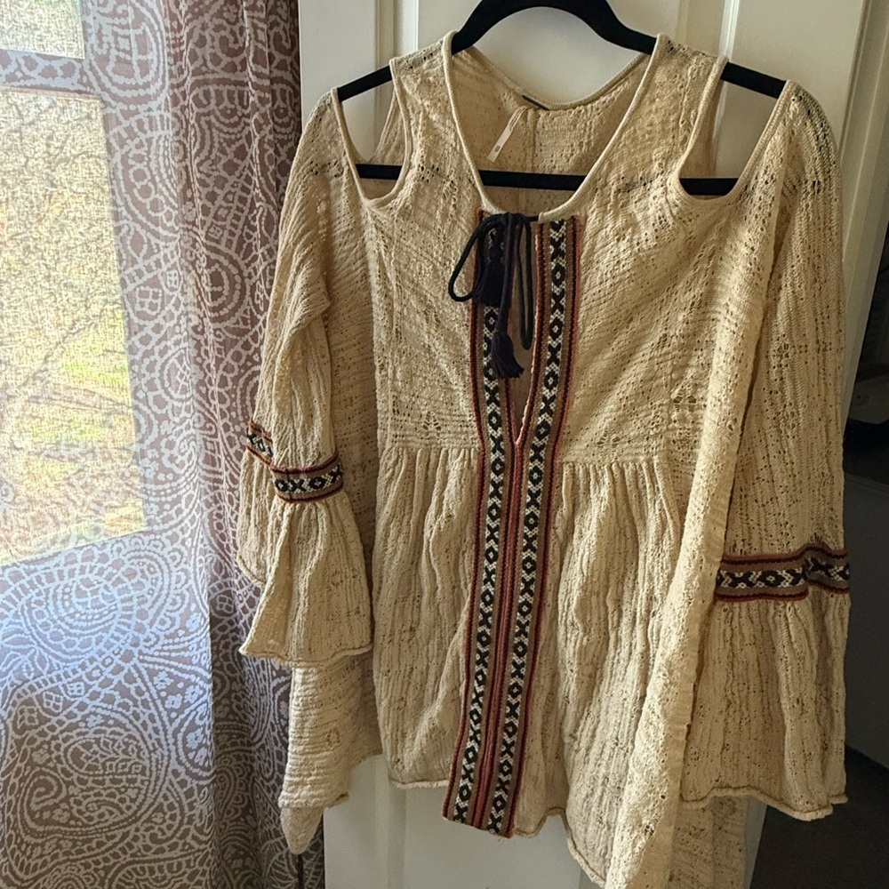 Free People Cream Boho Blouse with Embroidery